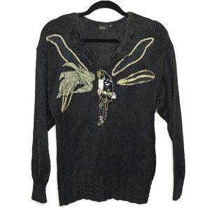 Vintage Sequin Parrot black v neck knit sweater size Medium